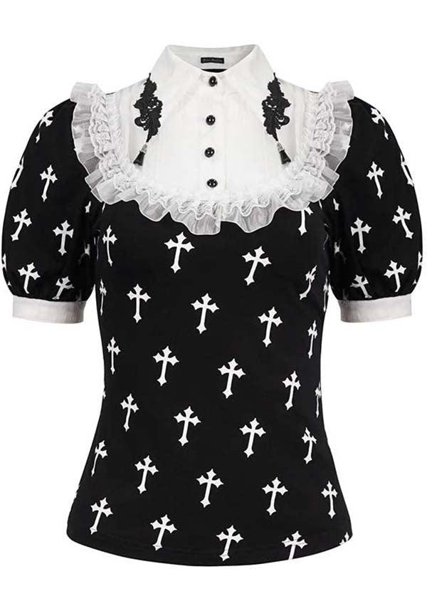 Devil Fashion Gothic Lolita Cross-Print Blouse - Black and White with Lace Collar