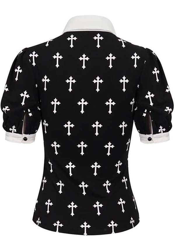 Devil Fashion Gothic Lolita Cross-Print Blouse - Black and White with Lace Collar