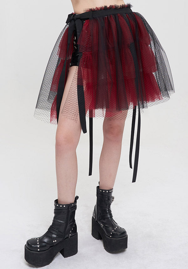 Devil Fashion Gothic Tulle Mini Skirt - Black and Burgundy with Ribbon Details (Women's)