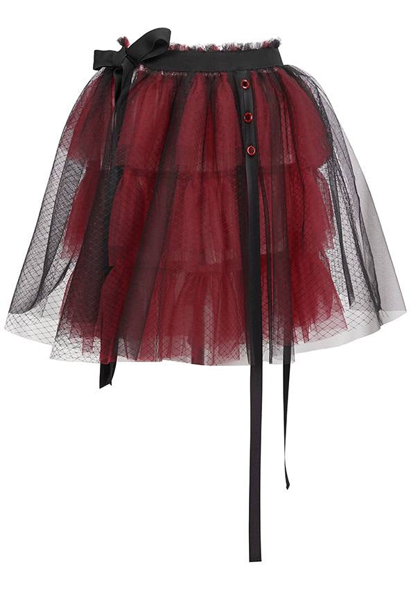 Devil Fashion Gothic Tulle Mini Skirt - Black and Burgundy with Ribbon Details (Women's)