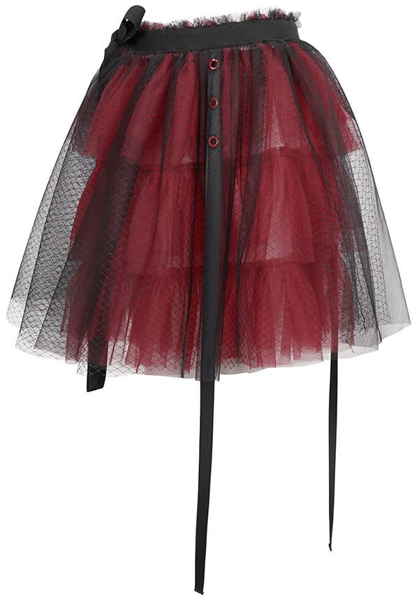 Devil Fashion Gothic Tulle Mini Skirt - Black and Burgundy with Ribbon Details (Women's)