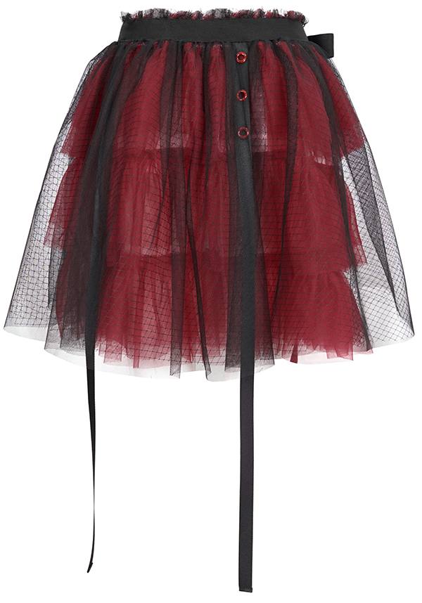 Devil Fashion Gothic Tulle Mini Skirt - Black and Burgundy with Ribbon Details (Women's)