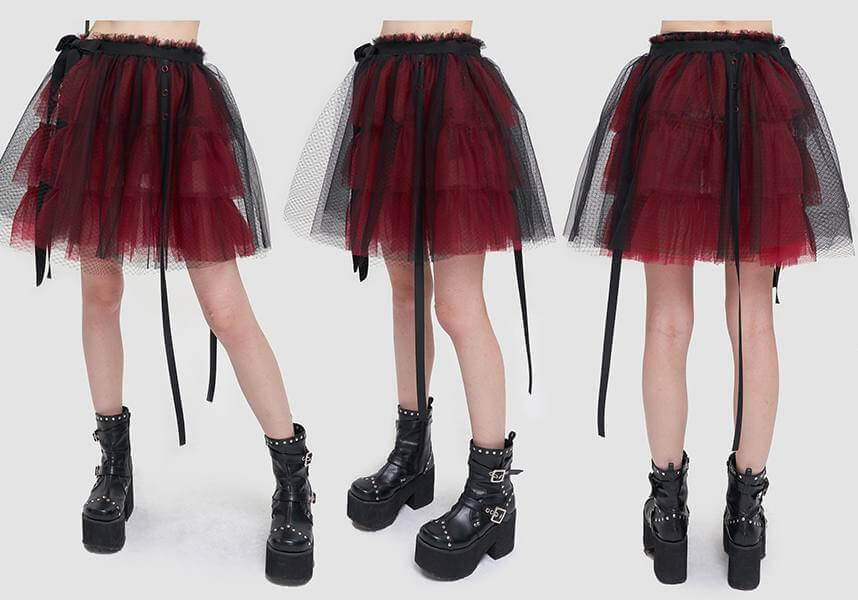 Devil Fashion Gothic Tulle Mini Skirt - Black and Burgundy with Ribbon Details (Women's)