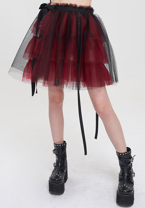 Devil Fashion Gothic Tulle Mini Skirt - Black and Burgundy with Ribbon Details (Women's)