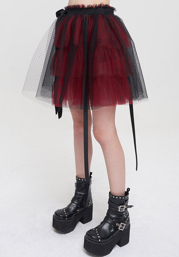 Devil Fashion Gothic Tulle Mini Skirt - Black and Burgundy with Ribbon Details (Women's)