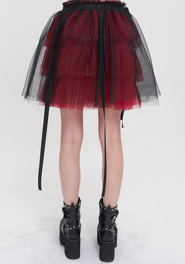 Devil Fashion Gothic Tulle Mini Skirt - Black and Burgundy with Ribbon Details (Women's)