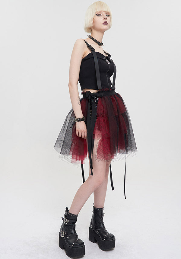 Devil Fashion Gothic Tulle Mini Skirt - Black and Burgundy with Ribbon Details (Women's)