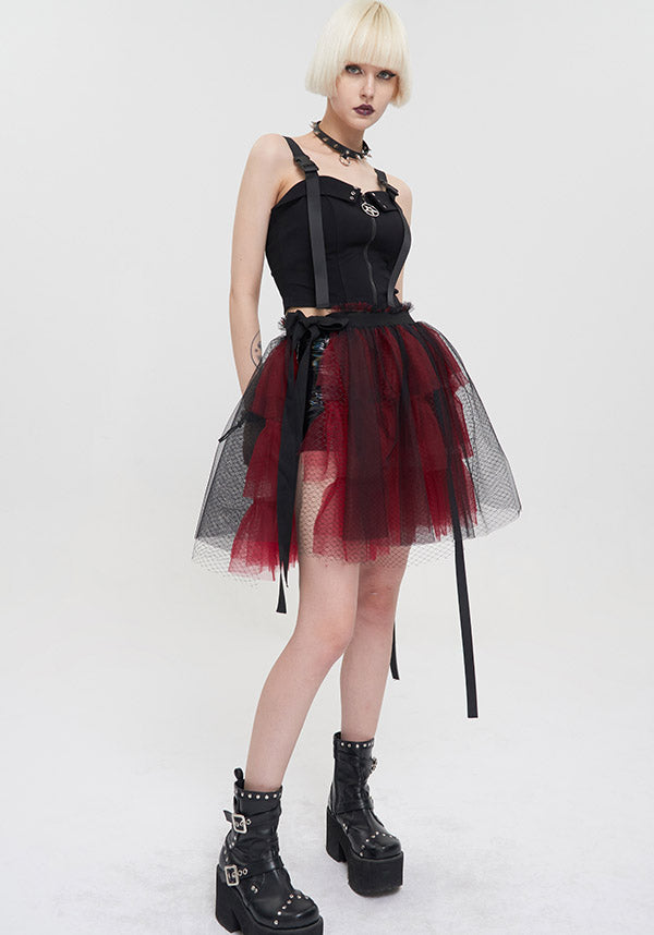 Devil Fashion Gothic Tulle Mini Skirt - Black and Burgundy with Ribbon Details (Women's)