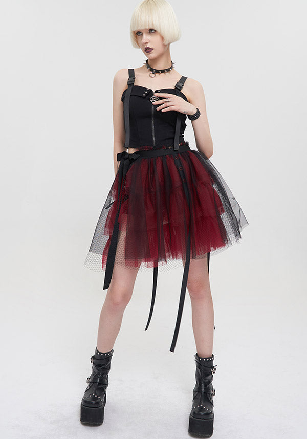 Devil Fashion Gothic Tulle Mini Skirt - Black and Burgundy with Ribbon Details (Women's)