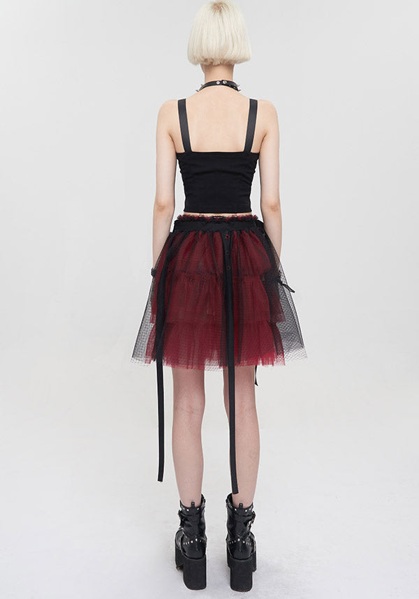 Devil Fashion Gothic Tulle Mini Skirt - Black and Burgundy with Ribbon Details (Women's)