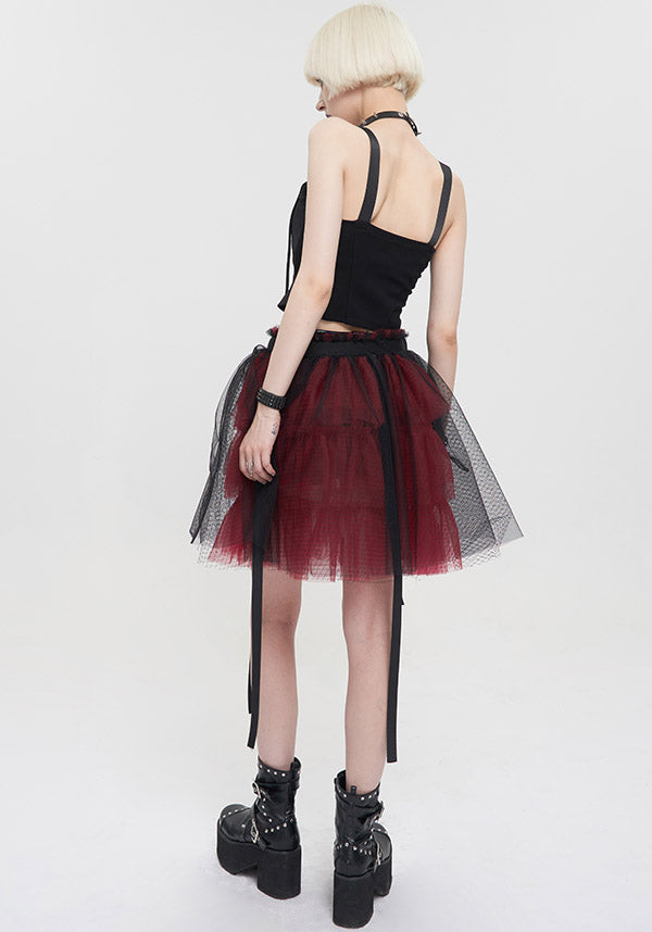 Devil Fashion Gothic Tulle Mini Skirt - Black and Burgundy with Ribbon Details (Women's)