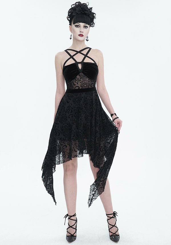 Devil Fashion Gothic Velvet and Lace Asymmetrical Dress - Black