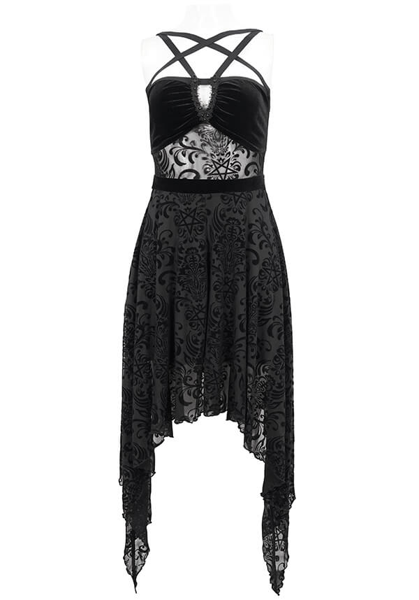 Devil Fashion Gothic Velvet and Lace Asymmetrical Dress - Black