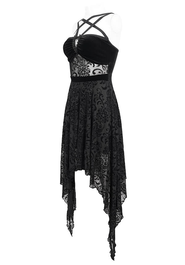 Devil Fashion Gothic Velvet and Lace Asymmetrical Dress - Black