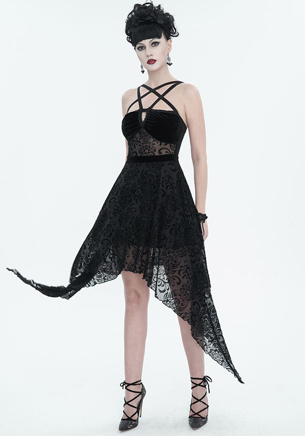 Devil Fashion Gothic Velvet and Lace Asymmetrical Dress - Black