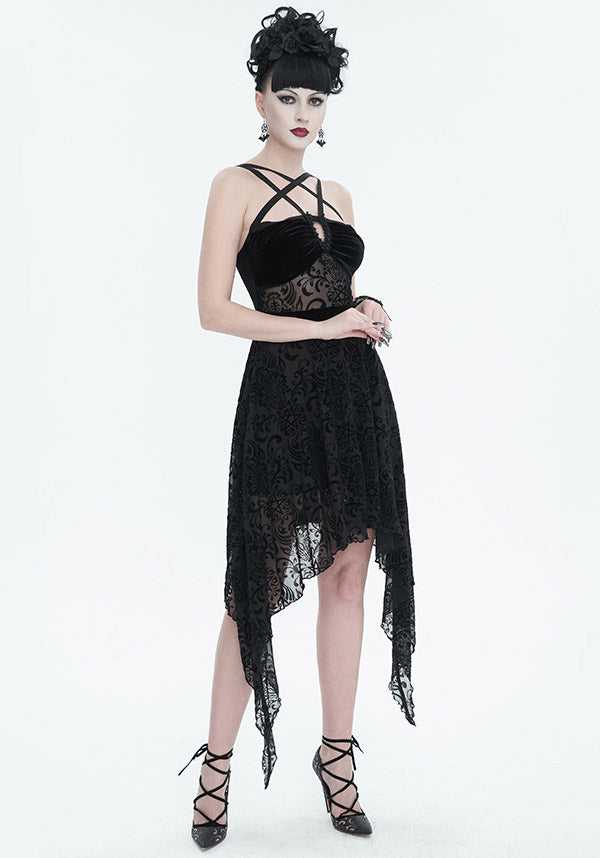 Devil Fashion Gothic Velvet and Lace Asymmetrical Dress - Black