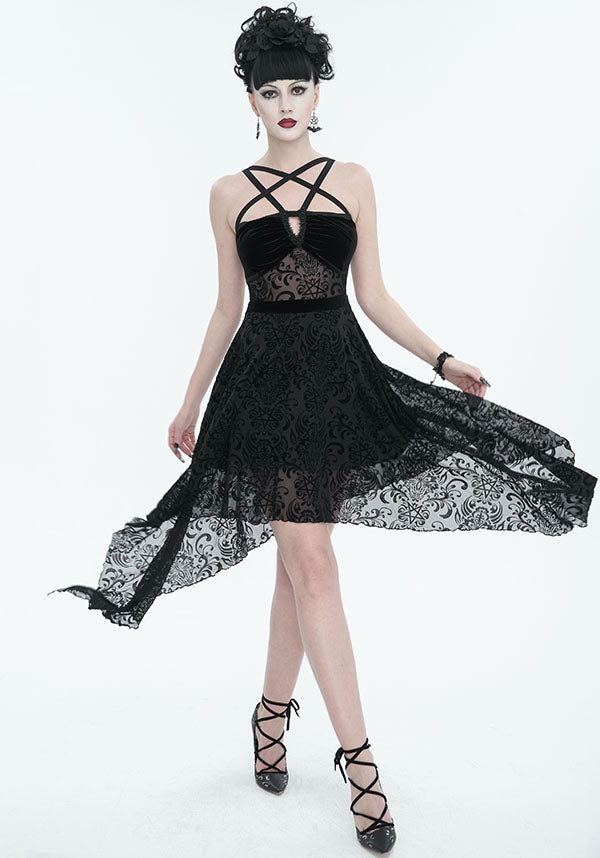 Devil Fashion Gothic Velvet and Lace Asymmetrical Dress - Black