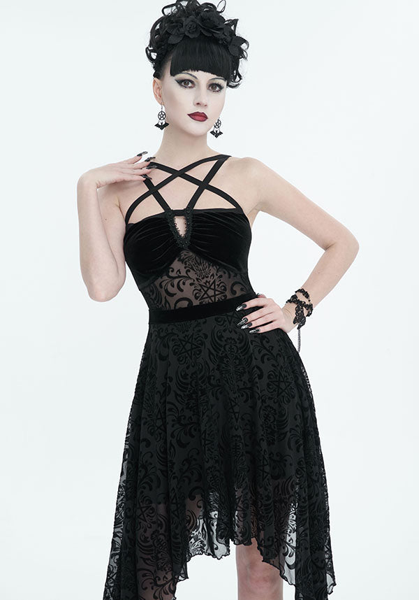 Devil Fashion Gothic Velvet and Lace Asymmetrical Dress - Black