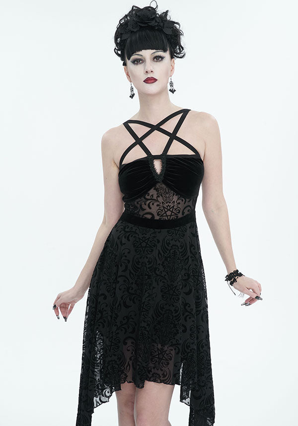 Devil Fashion Gothic Velvet and Lace Asymmetrical Dress - Black