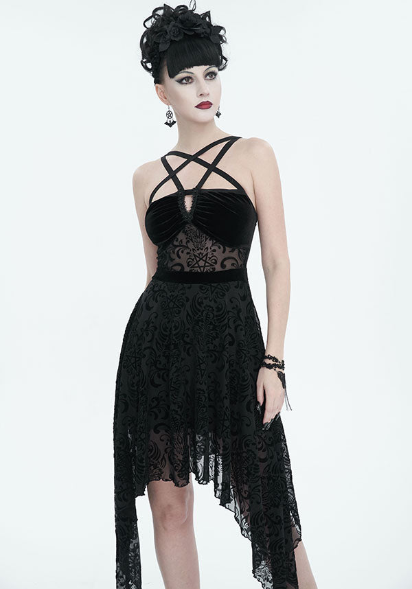 Devil Fashion Gothic Velvet and Lace Asymmetrical Dress - Black