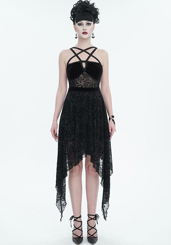 Devil Fashion Gothic Velvet and Lace Asymmetrical Dress - Black