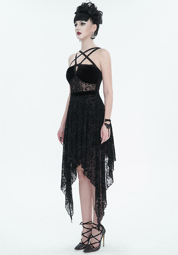 Devil Fashion Gothic Velvet and Lace Asymmetrical Dress - Black