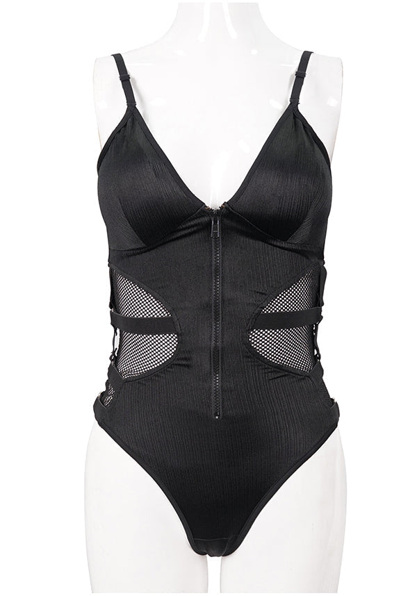 Devil Fashion Gothic Mesh Panel Bodysuit - Black with Zipper Front (Women's)