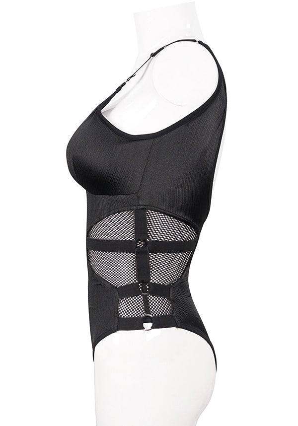 Devil Fashion Gothic Mesh Panel Bodysuit - Black with Zipper Front (Women's)