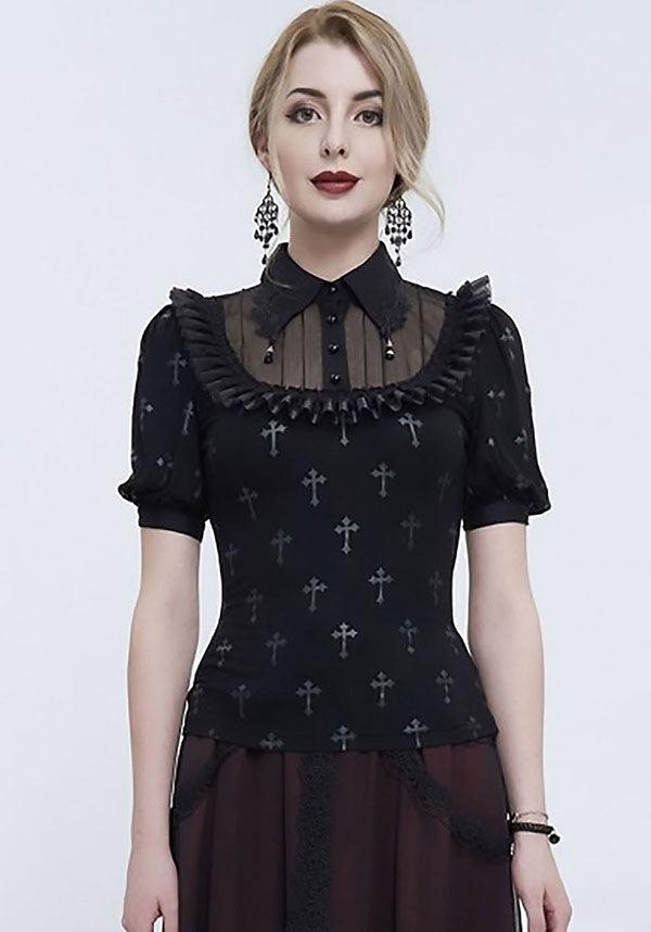 Devil Fashion Gothic Cross-Print Blouse with Lace Collar - Black