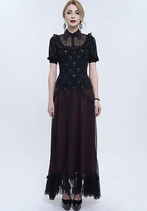 Devil Fashion Gothic Cross-Print Blouse with Lace Collar - Black