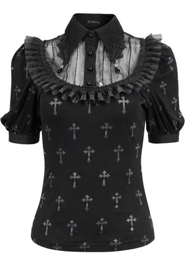 Devil Fashion Gothic Cross-Print Blouse with Lace Collar - Black