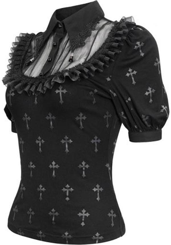 Devil Fashion Gothic Cross-Print Blouse with Lace Collar - Black