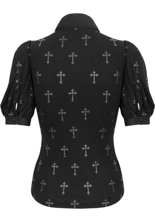 Devil Fashion Gothic Cross-Print Blouse with Lace Collar - Black