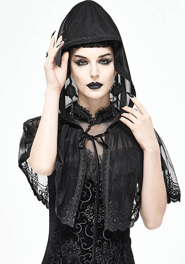 Devil Fashion Gothic Sheer Lace Trim Hooded Cape - Black