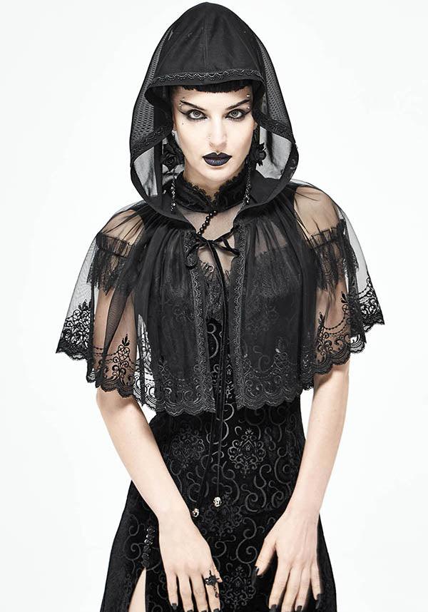 Devil Fashion Gothic Sheer Lace Trim Hooded Cape - Black