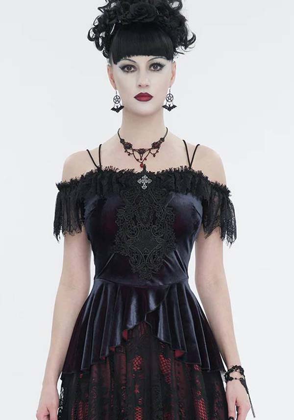 Devil Fashion Gothic Velvet Off-Shoulder Top - Black with Lace Trim and Cross Pendant