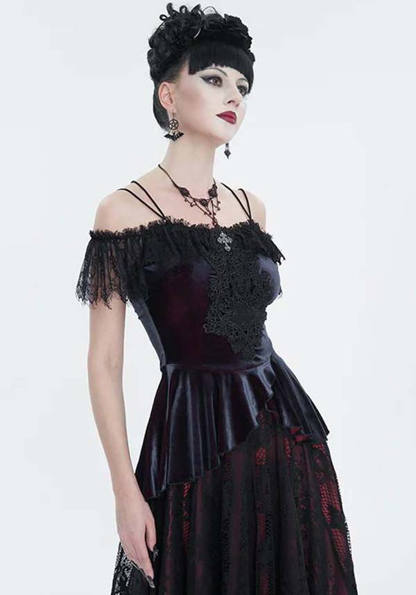 Devil Fashion Gothic Velvet Off-Shoulder Top - Black with Lace Trim and Cross Pendant