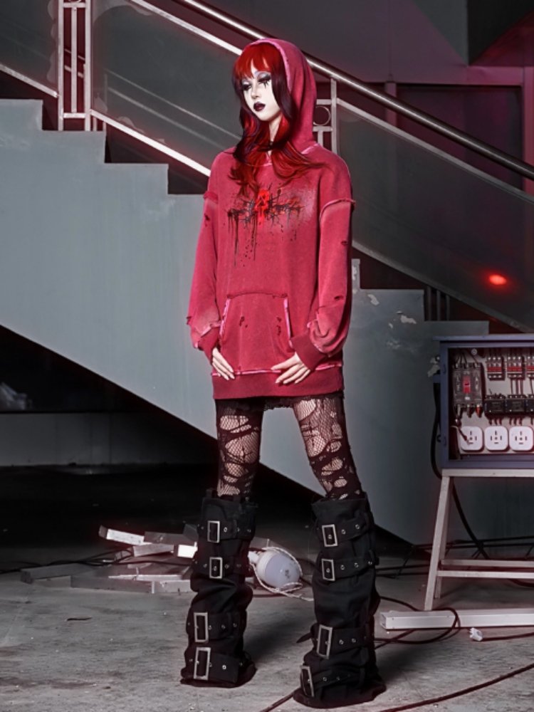 Distressed Red Hoodie with Dark Gothic Graphic Print