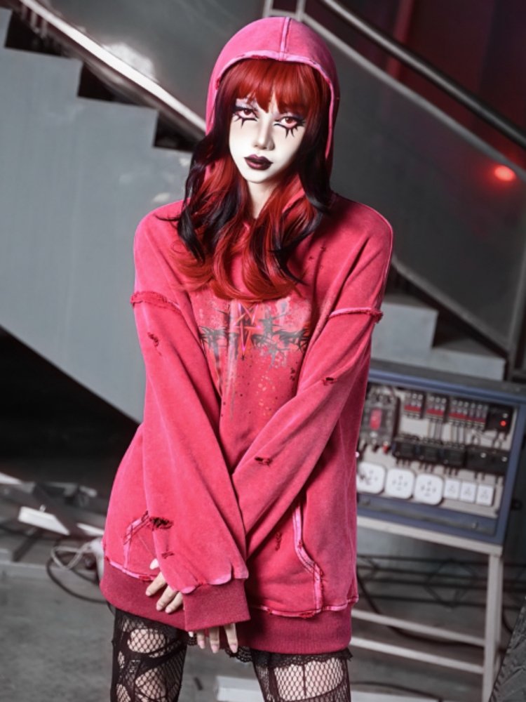 Distressed Red Hoodie with Dark Gothic Graphic Print