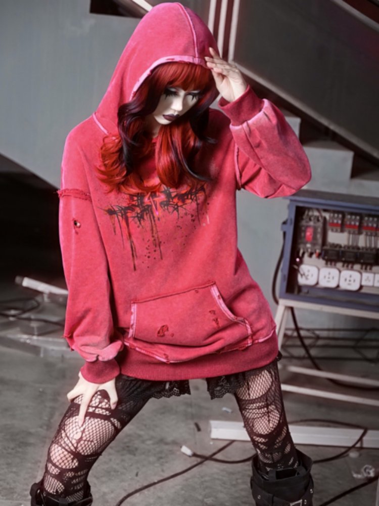 Distressed Red Hoodie with Dark Gothic Graphic Print