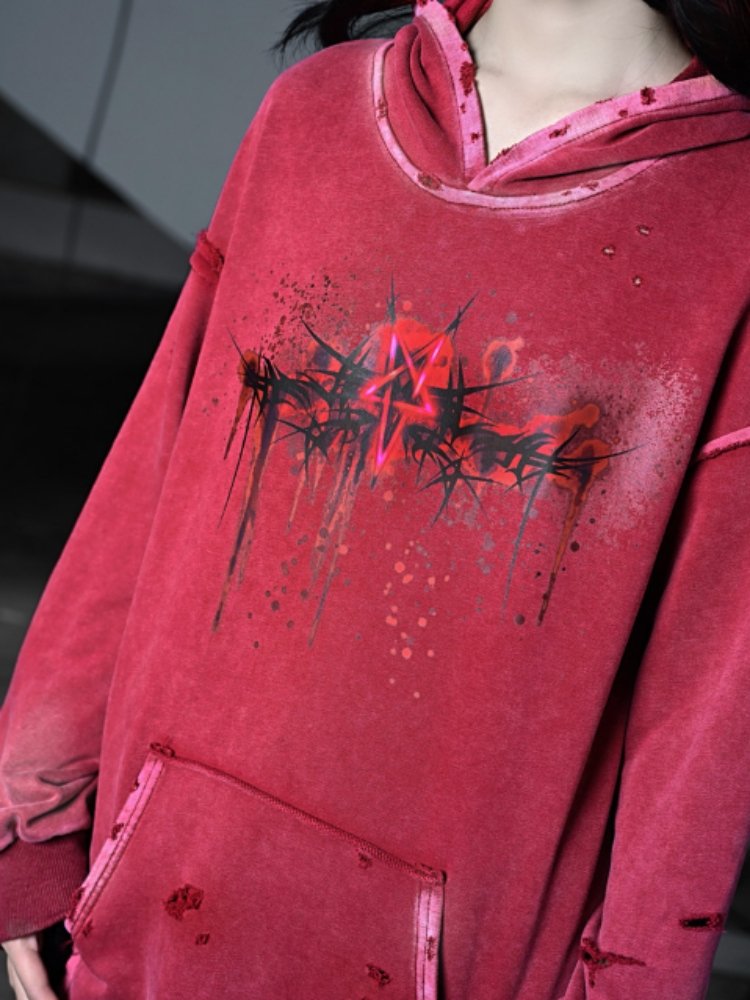 Distressed Red Hoodie with Dark Gothic Graphic Print