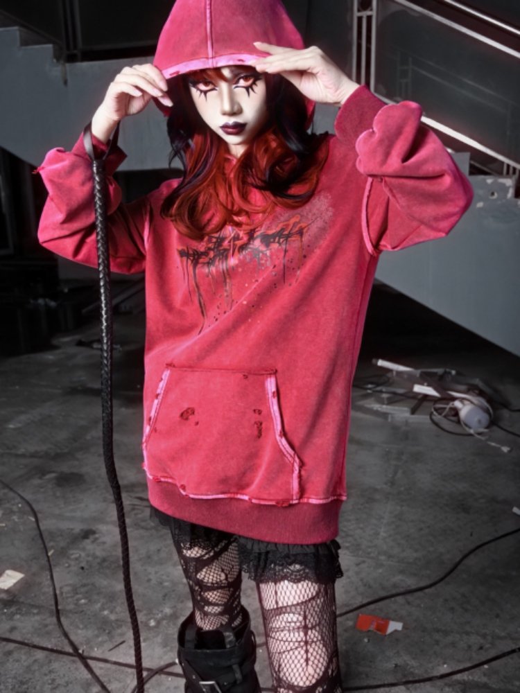 Distressed Red Hoodie with Dark Gothic Graphic Print