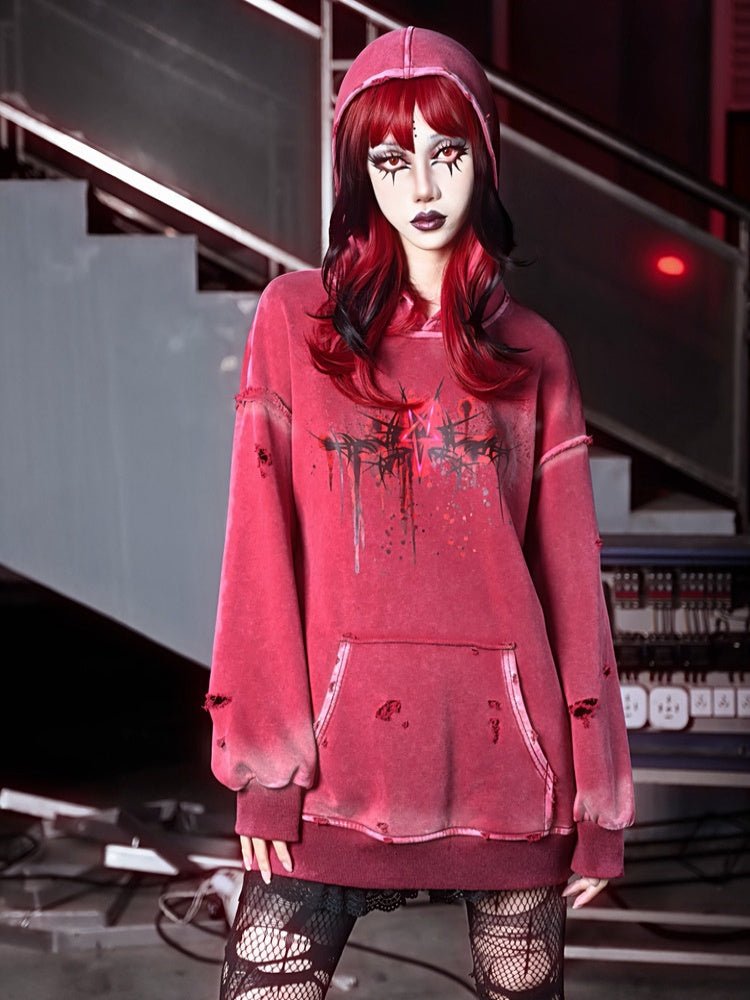 Distressed Red Hoodie with Dark Gothic Graphic Print