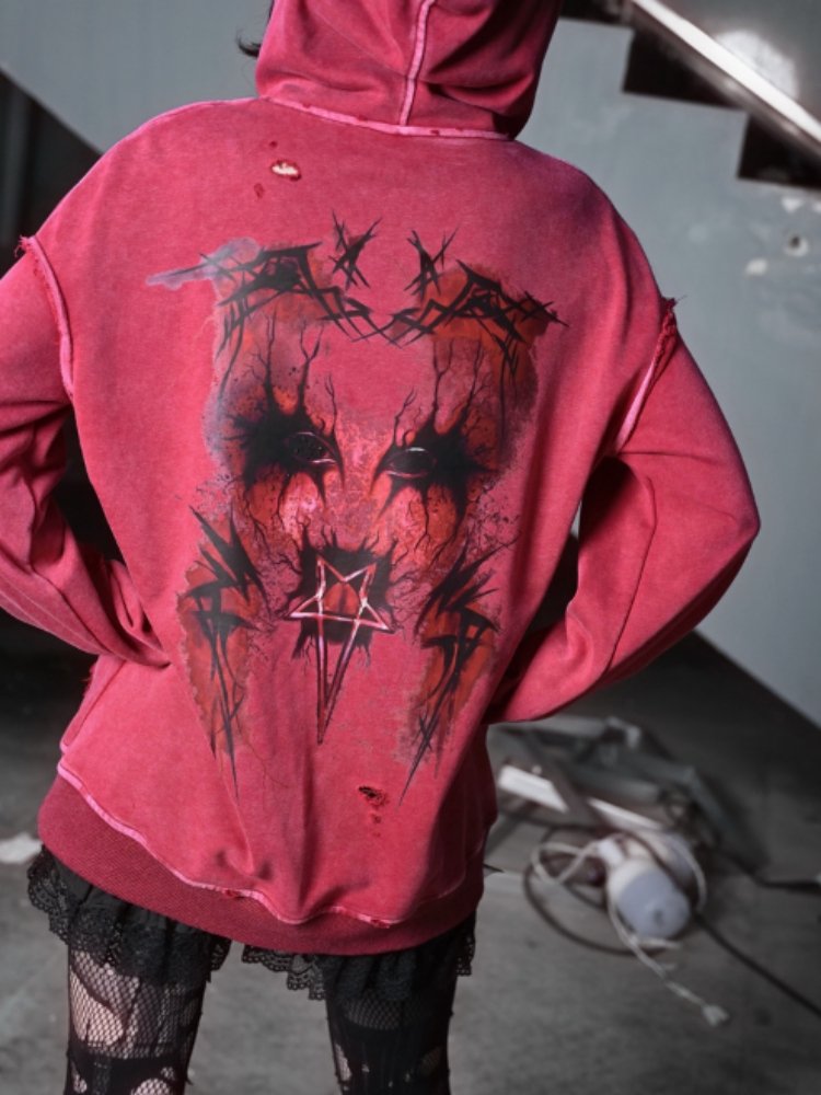 Distressed Red Hoodie with Dark Gothic Graphic Print