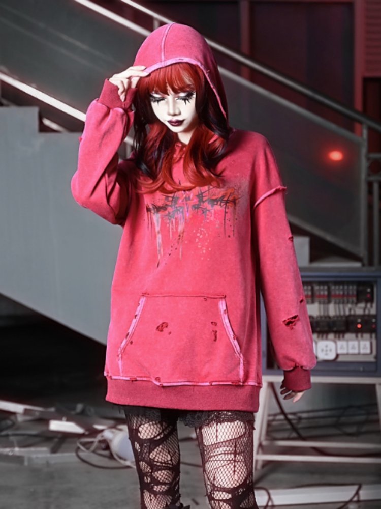 Distressed Red Hoodie with Dark Gothic Graphic Print