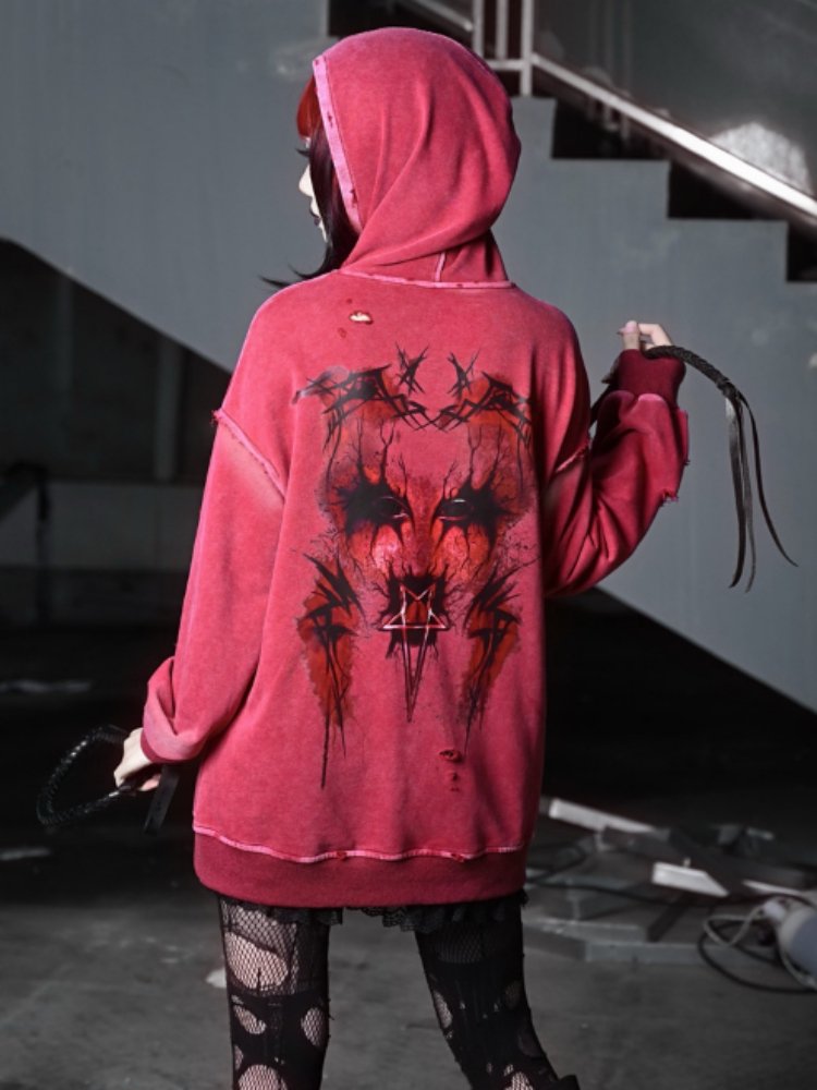 Distressed Red Hoodie with Dark Gothic Graphic Print