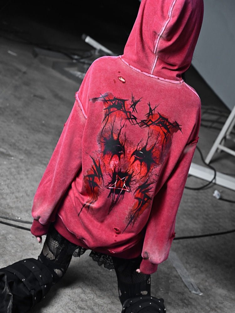 Distressed Red Hoodie with Dark Gothic Graphic Print