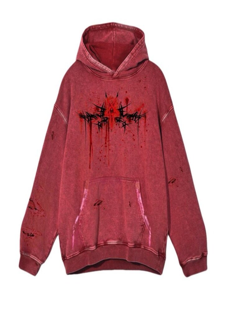 Distressed Red Hoodie with Dark Gothic Graphic Print