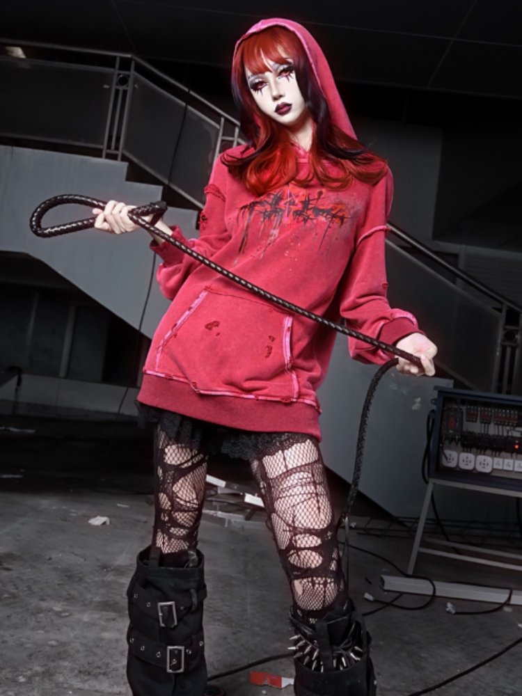 Distressed Red Hoodie with Dark Gothic Graphic Print