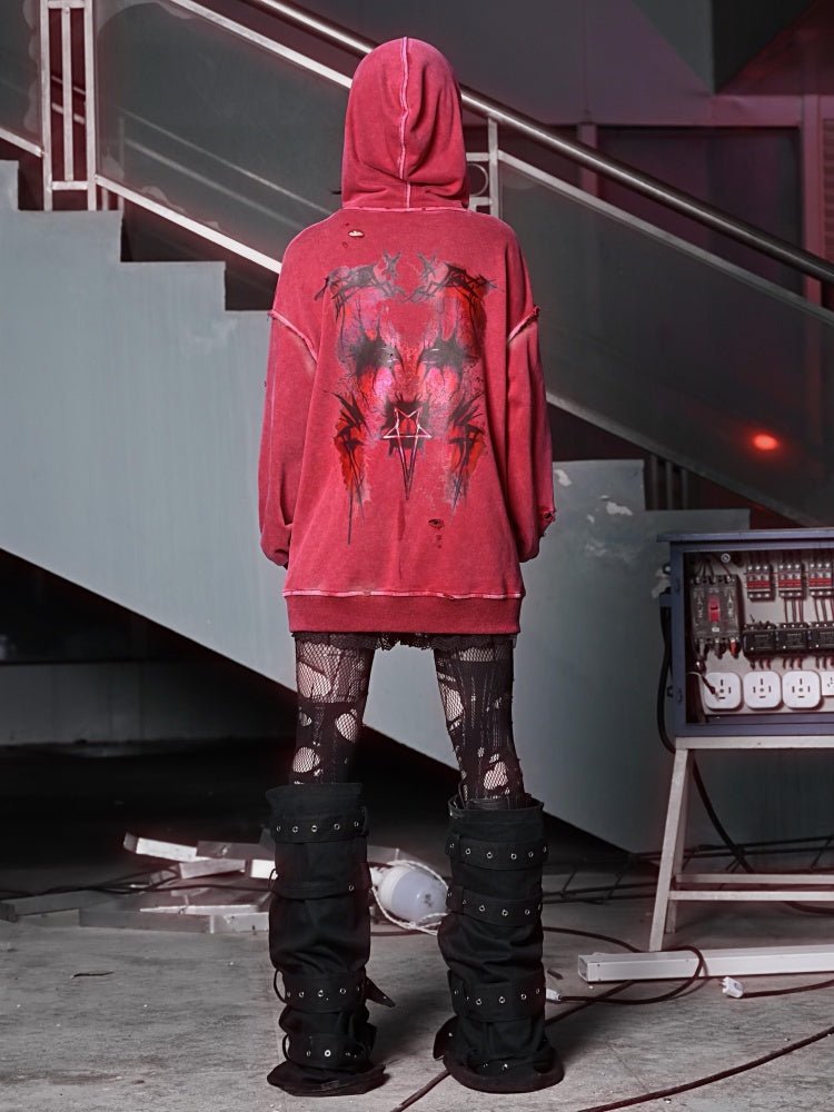 Distressed Red Hoodie with Dark Gothic Graphic Print